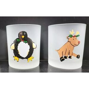 2 Dartington France Frosted Christmas Old Fashioned Glasses Reindeer /Penguin